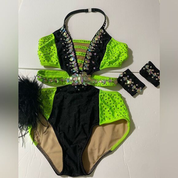 Glamour solo dance costume neon green Feather rhinestone embellished leotard XLC - Picture 2 of 9